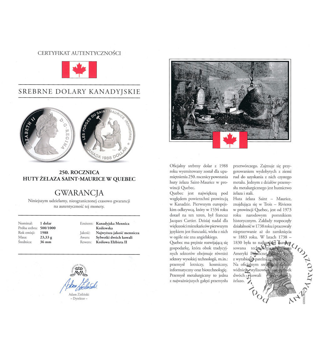 Canada, Elizabeth II (1952-2022). 1 Dollar 1988, 250th anniversary of the Saint-Maurice Ironworks in Quebec
