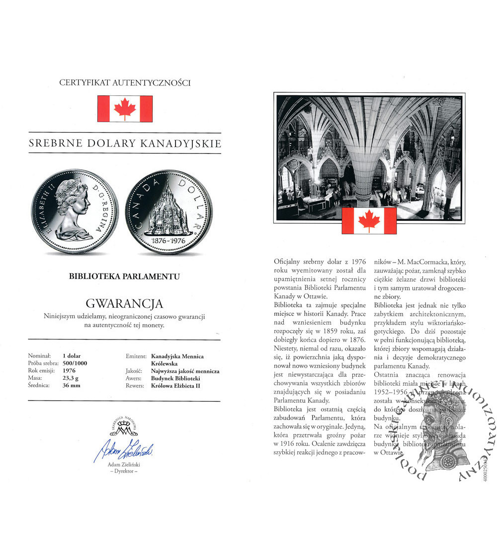 Canada, Elizabeth II (1952-2022). 1 Dollar 1976, 100th anniversary of the Parliamentary Library in Ottawa