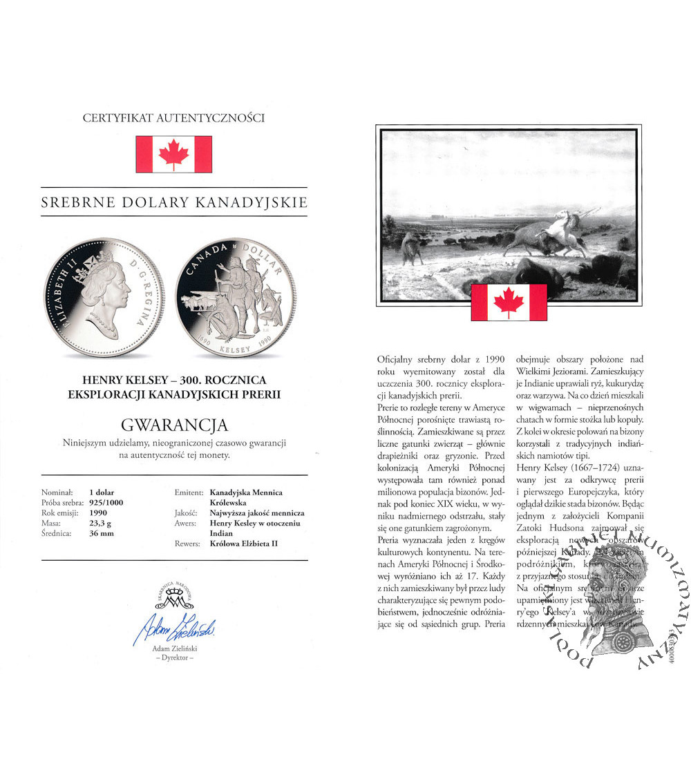 Kanada, Elżbieta II (1952-2022). 1 dolar 1990, 300 rocznica wypraw Henry'ego Kelseya, Kolekcja: ,,Srebrne dolary kanadyjskie"