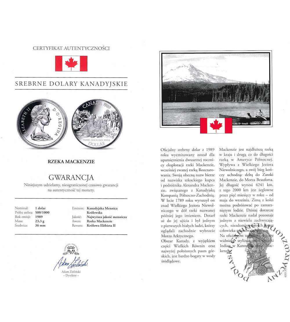 Kanada, Elżbieta II (1952-2022). 1 dolar 1989, Rzeka Mackenzie, Kolekcja: ,,Srebrne dolary kanadyjskie"