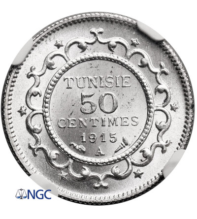 Tunezja. 50 Centimes, AH 1334 / 1915 AD, francuski protektorat - NGC MS 65