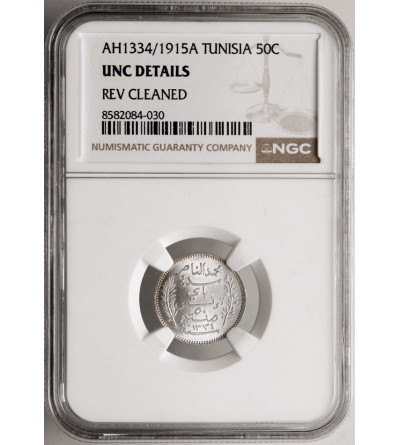 Tunezja. 50 Centimes, AH 1334 / 1915 AD, francuski protektorat - NGC UNC Details
