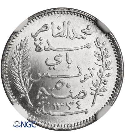 Tunezja. 50 Centimes, AH 1334 / 1915 AD, francuski protektorat - NGC UNC Details