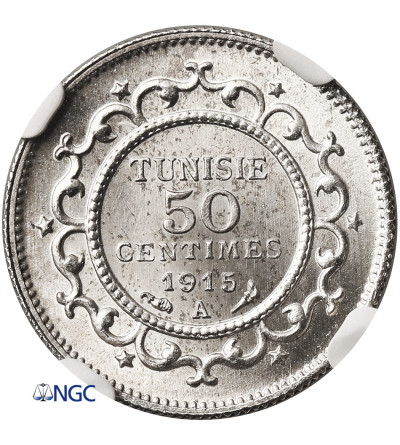 Tunisia. 50 Centimes, AH 1334 / 1915 AD, French Protectorate - NGC UNC Details
