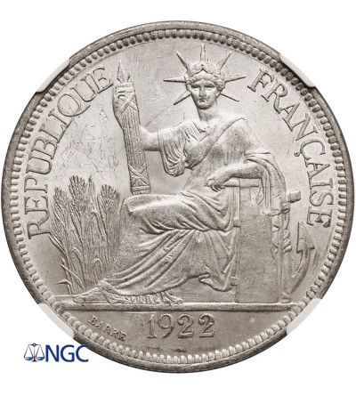 French Indo-China. 1 Piastre 1922 H, Heaton Mint - NGC MS 61