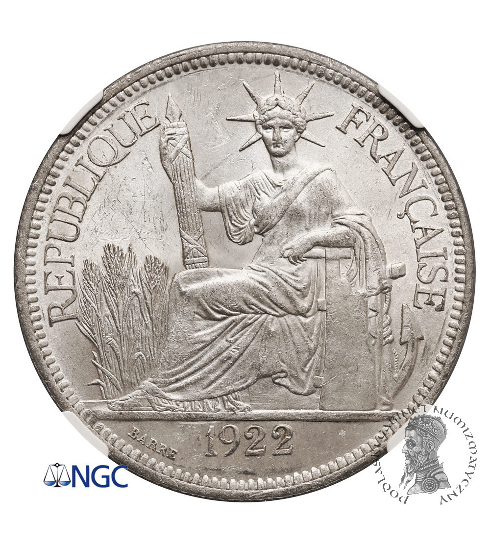 French Indo-China. 1 Piastre 1922 H, Heaton Mint - NGC MS 61