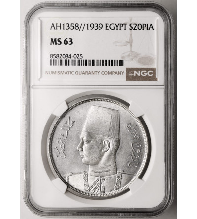 Egypt, Farouk I (1936-1952). 20 Piastres, AH 1358 / 1939 AD - NGC MS 63
