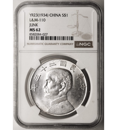 Chiny Republika. 1 dolar, rok 23 (1934), Dżonka - NGC MS 62