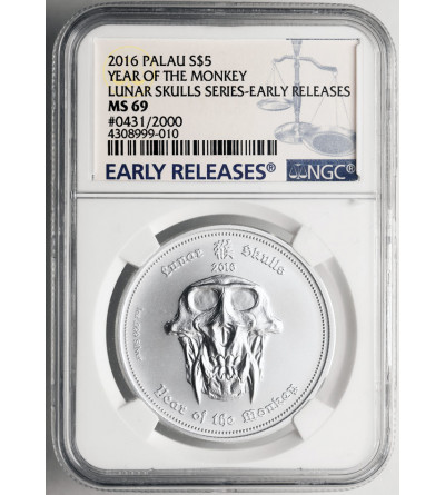 Palau. 5 Dollars 2016, Year of the Monkey - NGC MS 69