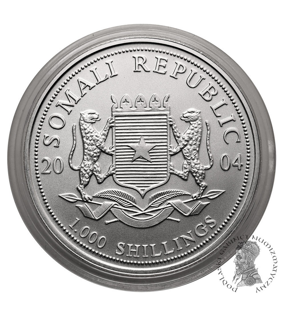 Somalia. 1000 szylingów 2004, słoń afrykański - 1 Oz Ag .999
