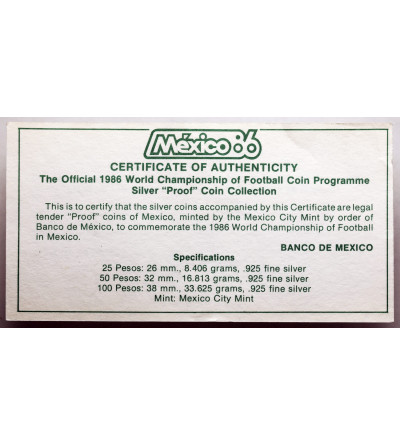 Meksyk. Oficjalny zestaw: 25, 50, 100 Pesos 1986, Mistrzostwa Świata w Piłce Nożnej FIFA 1986 - Proof