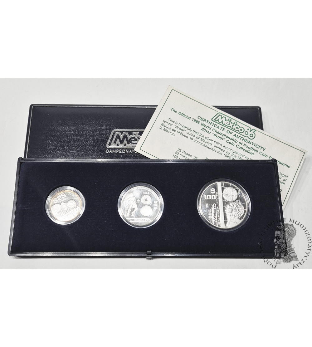 Mexico. Official collector's silver set: 25, 50, 100 Pesos 1986, FIFA World Cup - Proof