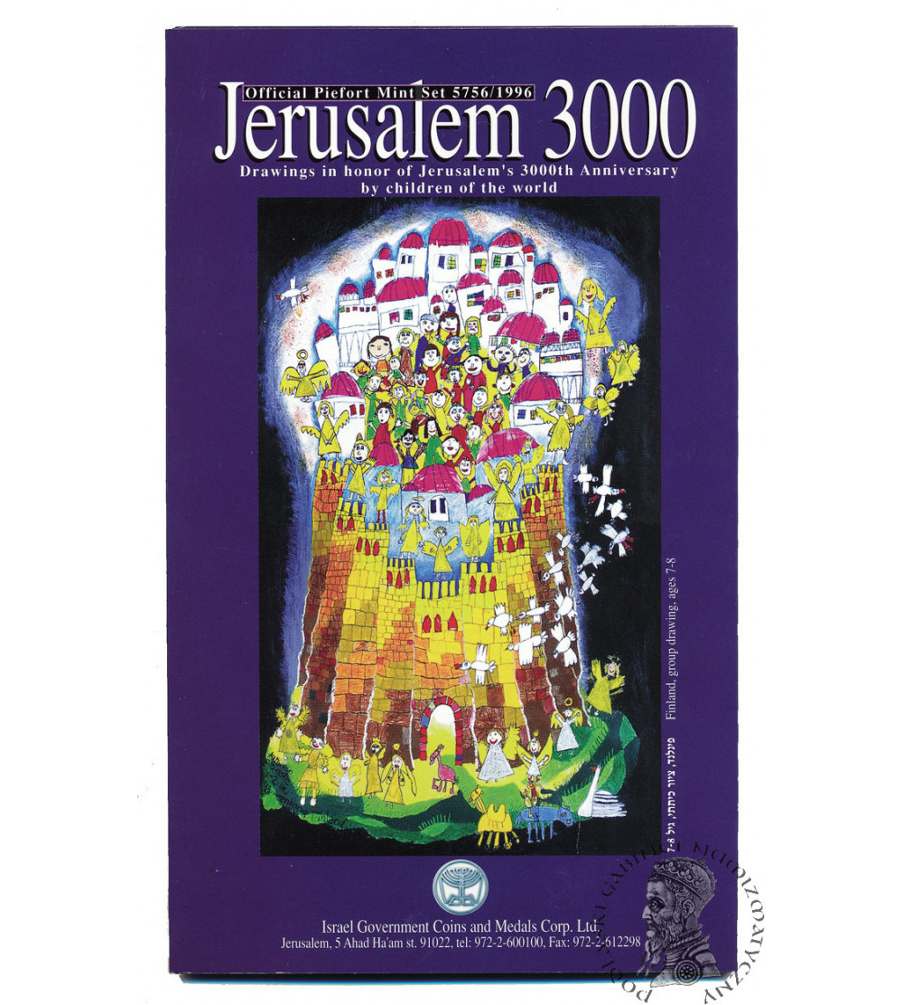 Izrael. Oficjalny zestaw monet Piefort, JE 5756 / 1996 AD, 3000-lecie Jerozolimy, 8 monet