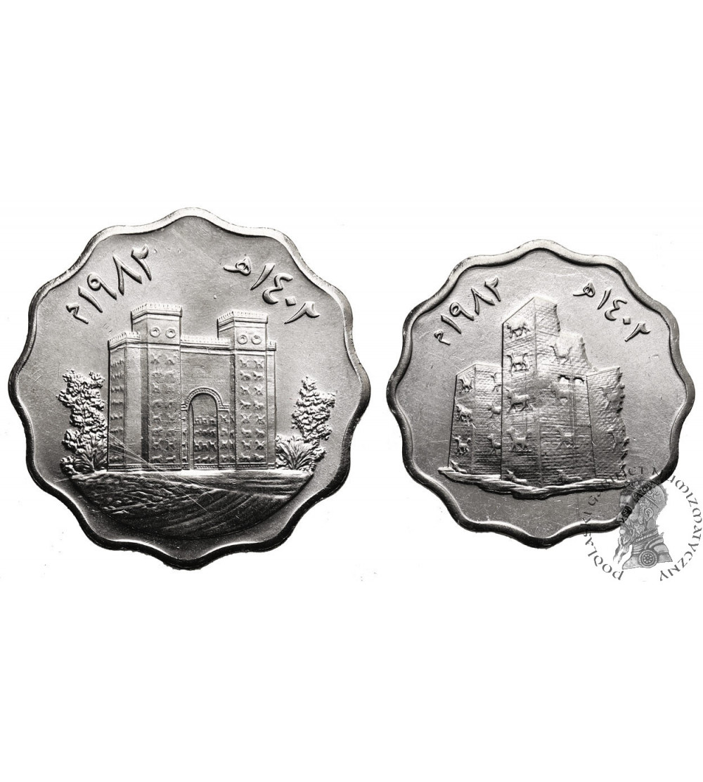 Irak. 5 i 10 Fils AH 1402 / 1982 AD, Ruiny Babilonu, Seria: Odbudowa Wieży Babel