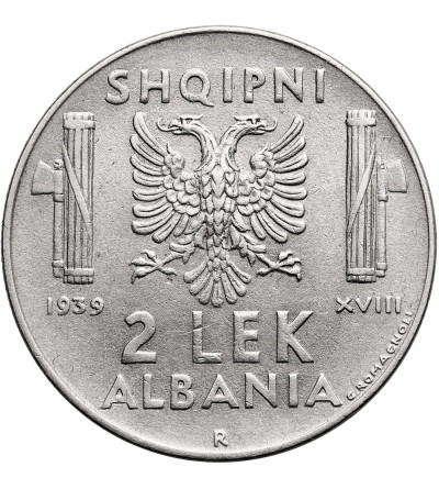 Albania, Italian Occupation WWII. 2 Lek 1939 R, Rome, Vittorio Emmanuel III 1939-1943