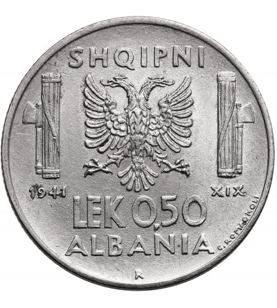 Albania, okupacja włoska. 0,50 Lek 1941 R, Rzym, Vittorio Emmanuel III 1939-1943