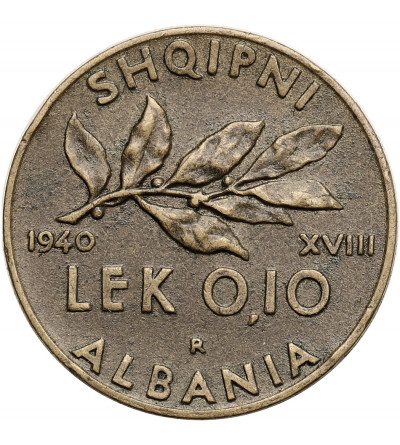 Albania, Italian Occupation WWII. 0,10 Lek 1940 R, Rome, Vittorio Emmanuel III 1939-1943