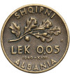 Albania, Italian Occupation WWII. 0,05 Lek 1940 R, Rome, Vittorio Emmanuel III 1939-1943