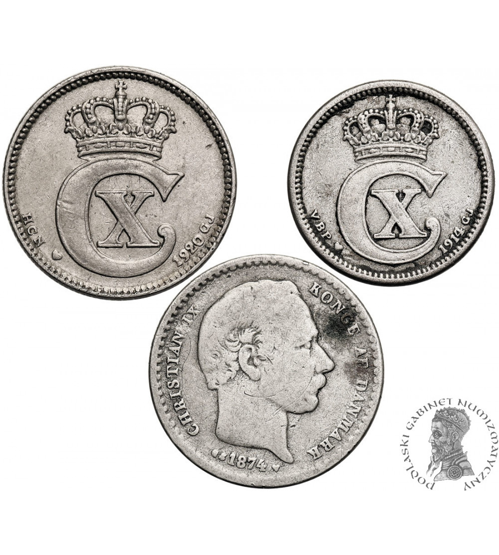 Denmark. Set of 3 coins: 10 Ore 1914, 25 Ore 1874, 25 Ore 1920