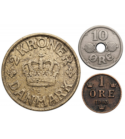 Sweden / Dania. Set of 3 coins:  1 Ore 1903, 10 Ore 1935, 2 Kroner 1925