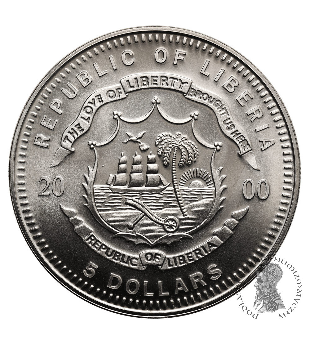 Liberia. 5 Dollars 2000, First Man on the Moon