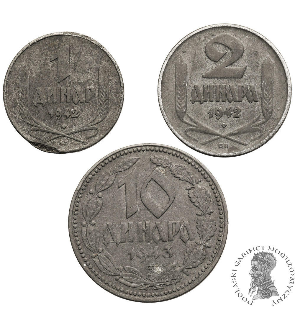 Serbia, Okupacja niemiecka(1941-1944). Zestaw 1 dinar 1942, 2 dinary 1942, 10 dinarów 1943