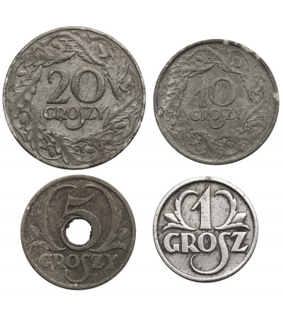 Polska, niemiecka okupacja. Zestaw 1, 5, 10, 20 groszy 1923-1939 - cynk