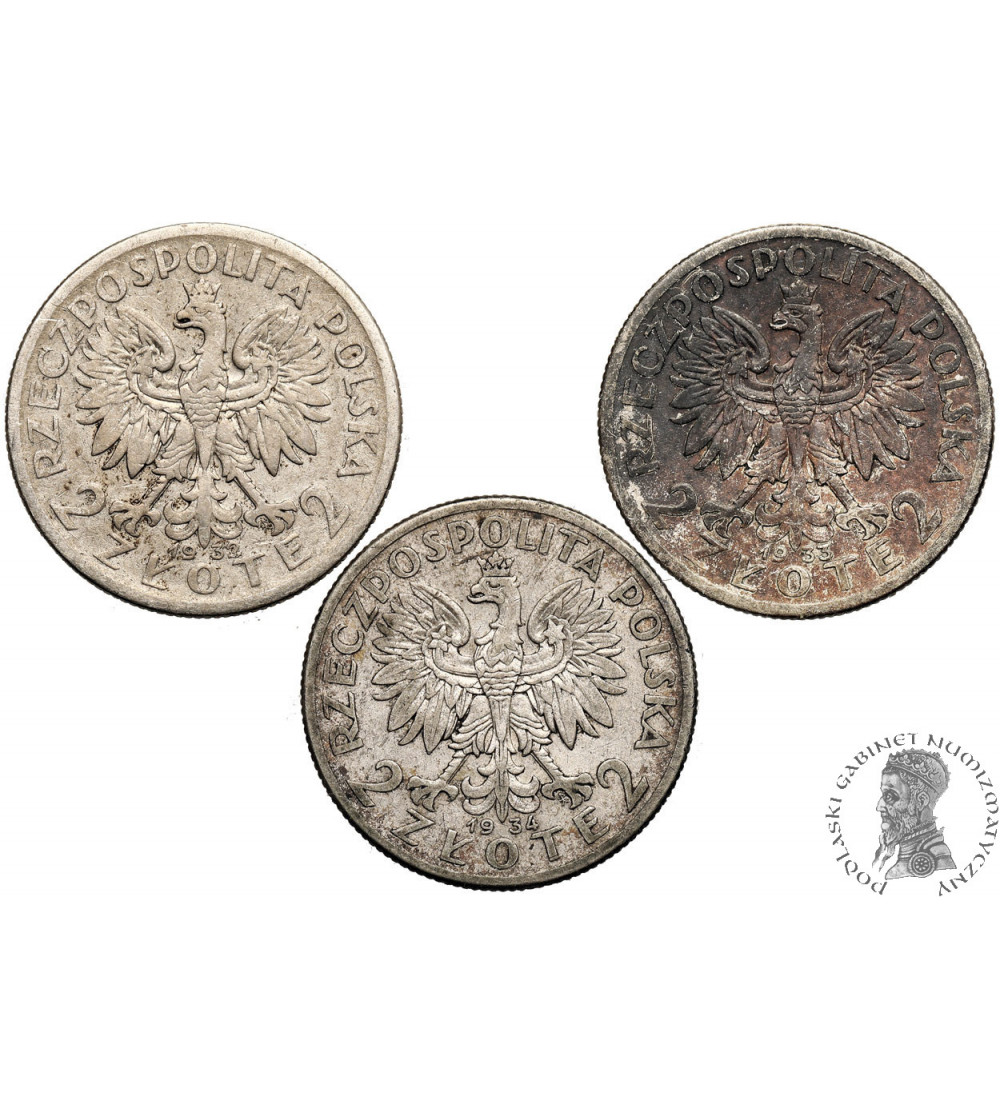 Polska. Zestaw, 2 złote 1932, 1933,1934, Warszawa, głowa kobiety