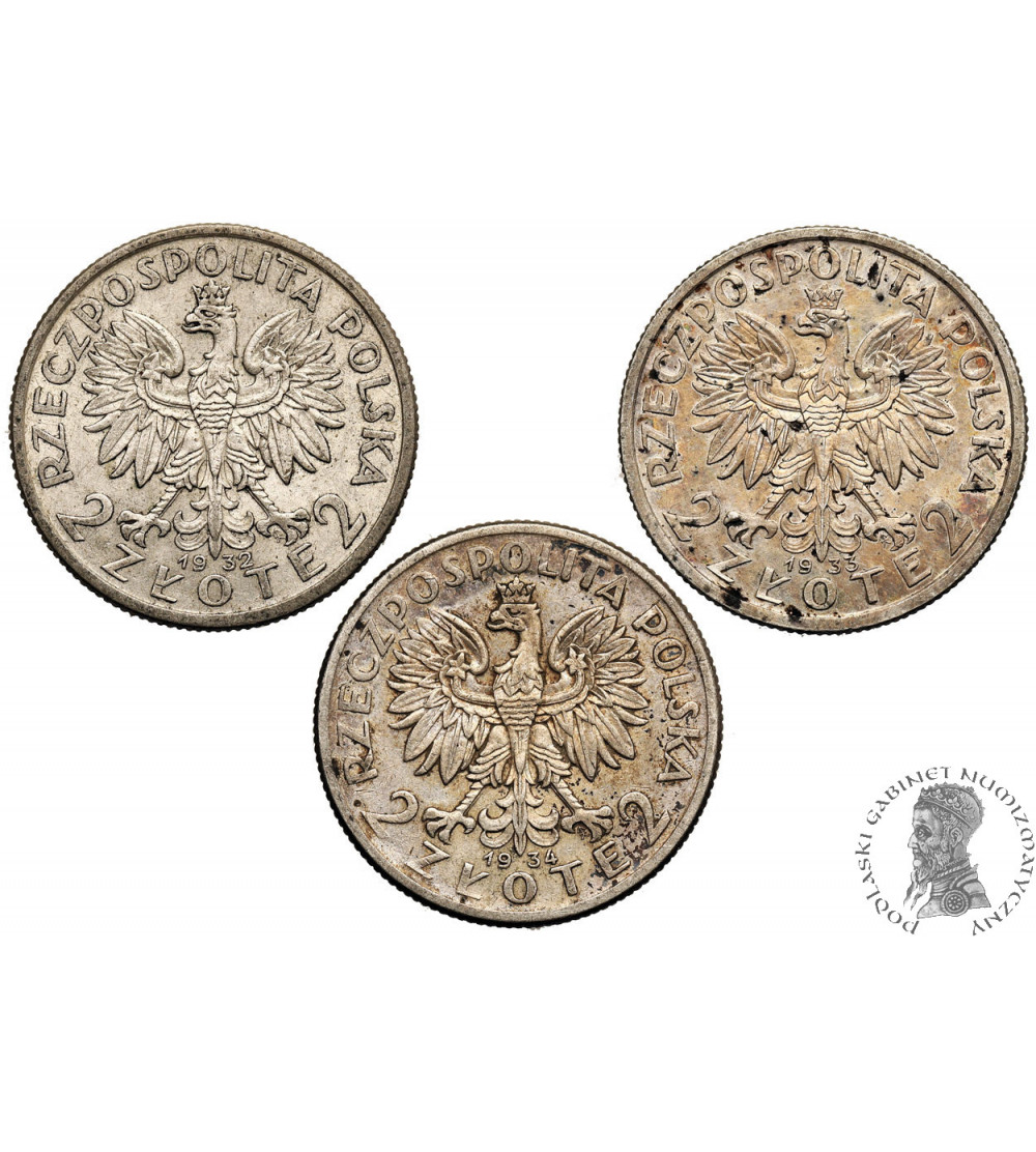 Polska. Zestaw, 2 złote 1932, 1933,1934, Warszawa, głowa kobiety