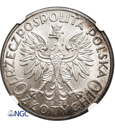 Polska. 10 złotych 1932, Londyn - bez znaku mennicy, głowa kobiety - NGC MS 61