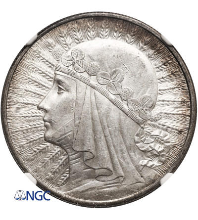 Polska. 10 złotych 1932, Londyn - bez znaku mennicy, głowa kobiety - NGC MS 61