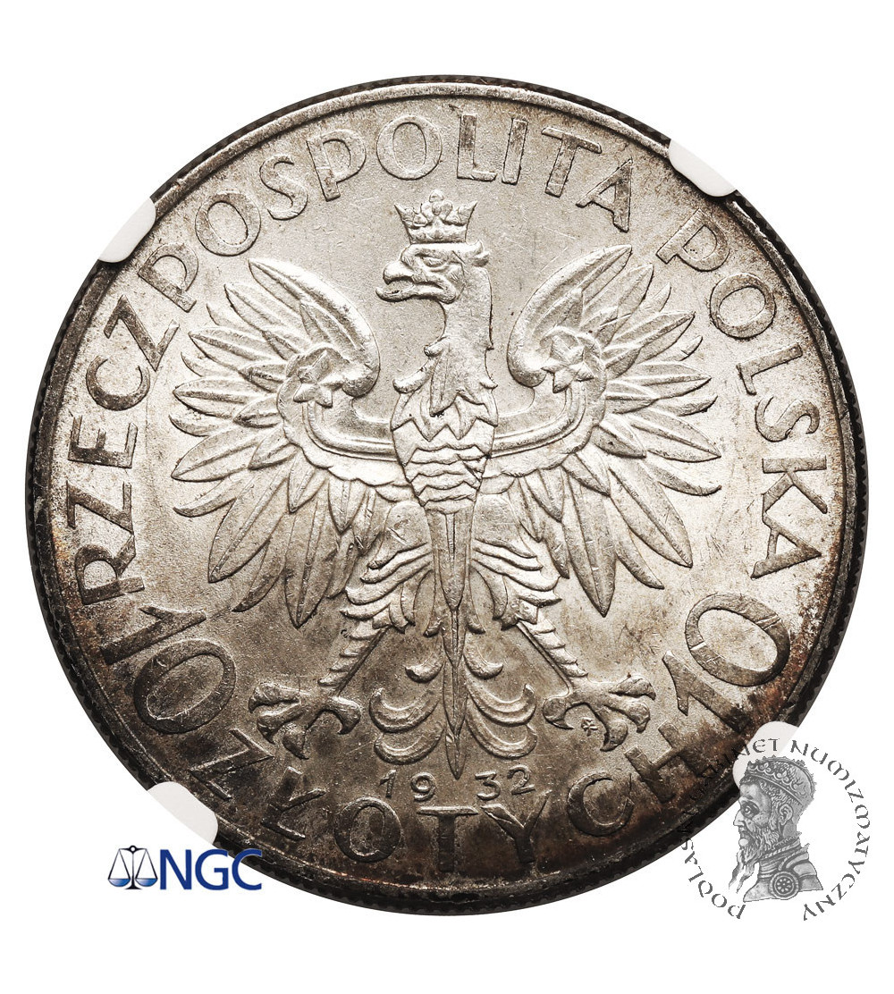 Polska. 10 złotych 1932, Warszawa - głowa kobiety ze znakiem mennicy - NGC MS 61