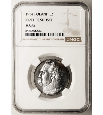 Poland. 5 Zlotych 1934, Warsaw Mint, Jozef Pilsudski - NGC MS 61