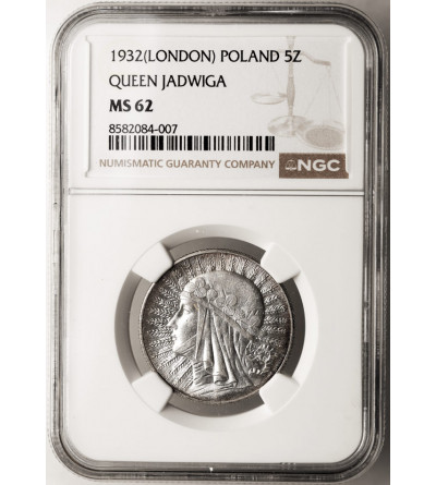 Polska. 5 złotych 1932, Londyn, bez znaku mennicy - głowa kobiety - NGC MS 62