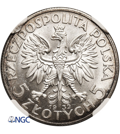 Polska. 5 złotych 1932, Londyn, bez znaku mennicy - głowa kobiety - NGC MS 62