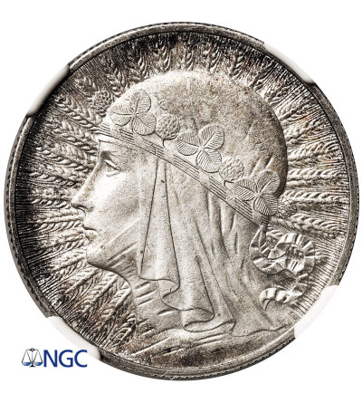 Polska. 5 złotych 1932, Londyn, bez znaku mennicy - głowa kobiety - NGC MS 62