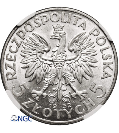 Polska. 5 złotych 1932, Londyn, bez znaku mennicy - głowa kobiety - NGC AU 58
