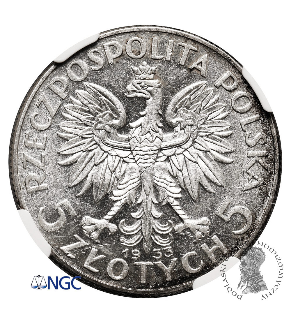 Polska. 5 złotych 1933, Warszawa - głowa kobiety - NGC AU 58