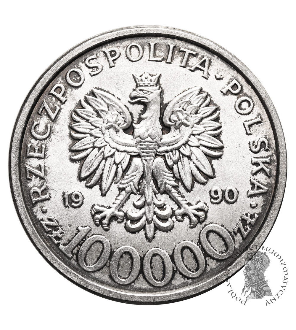 Poland. 100000 Zlotys 1990, Solidarity, var. B, without the letter L (1 Ounce pure Silver)